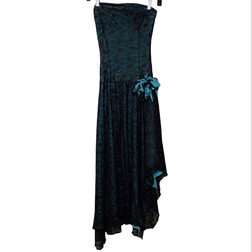 D-Tox New York Embroidered Lace Overlay Strapless Dress Turquoise and Bl…